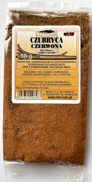 Czubryca czerwona NMR zapakowana w torebkę foliową o gramaturze  50g z etykietą zawierającą informacje o produkcie i jego zastosowaniu.