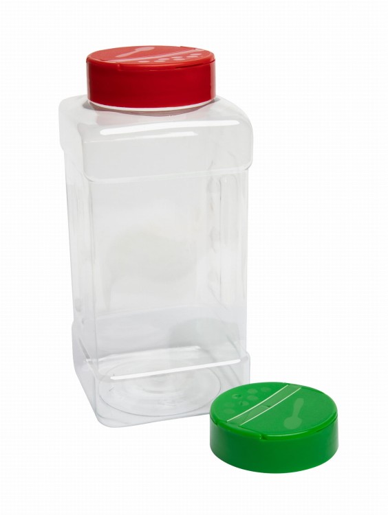 Pojemnik plastikowy z czerwoną dwudzielną nakrętką, z dużym otworem i kilkoma mniejszymi.