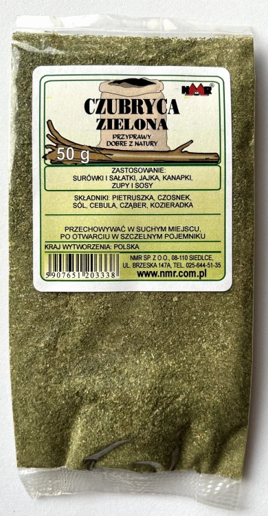 Czubryca zielona NMR zapakowana w torebkę foliową o gramaturze 50g z etykietą zawierającą informacje o produkcie i jego zastosowaniu.