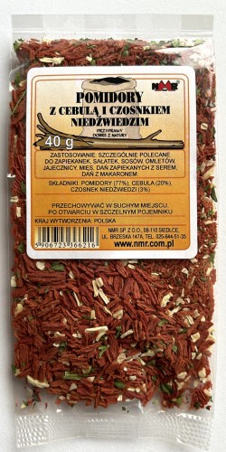Pomidory z cebulą i czosnkiem niedźwiedzim zapakowane w torebkę foliową o gramaturze 40 g z etykietą zawierającą informacje o produkcie i jego zastosowaniu.