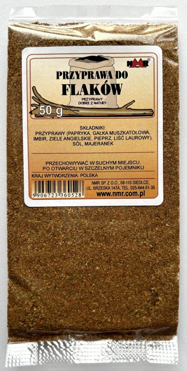 Przyprawa do flaków zapakowana w torebkę foliową o gramaturze 50 g z etykietą zawierającą informacje o produkcie i jego zastosowaniu.