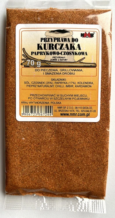 Przyprawa do kurczaka paprykowo-czosnkowa  zapakowana w torebkę foliową o gramaturze 70 g z etykietą zawierającą informacje o produkcie i jego zastosowaniu.
