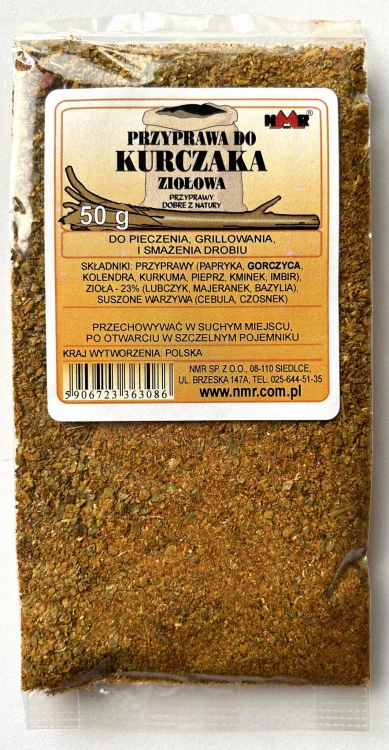 Przyprawa do kurczaka ziołowa zapakowana w torebkę foliową o gramaturze 50 g z etykietą zawierającą informacje o produkcie i jego zastosowaniu.