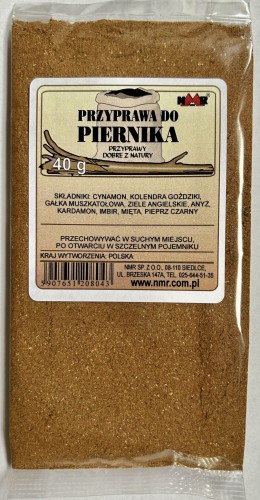 Przyprawa do piernika zapakowana w torebkę foliową o gramaturze 40 g z etykietą zawierającą informacje o produkcie i jego zastosowaniu.