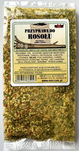 Przyprawa do rosołu zapakowana w torebkę foliową o gramaturze 70 g z etykietą zawierającą informacje o produkcie i jego zastosowaniu.