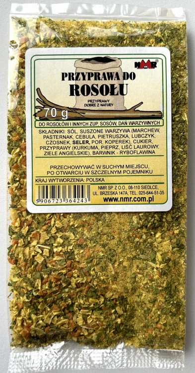 Przyprawa do rosołu zapakowana w torebkę foliową o gramaturze 70 g z etykietą zawierającą informacje o produkcie i jego zastosowaniu.