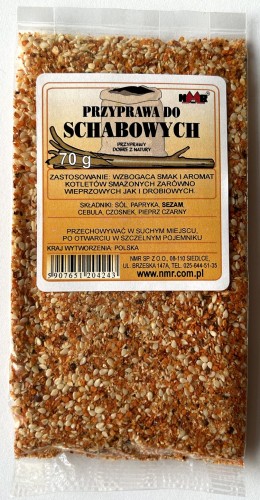 Przyprawa do schabowych zapakowana w torebkę foliową o gramaturze 70 g z etykietą zawierającą informacje o produkcie i jego zastosowaniu.
