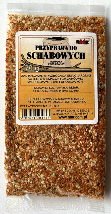 Przyprawa do schabowych zapakowana w torebkę foliową o gramaturze 70 g z etykietą zawierającą informacje o produkcie i jego zastosowaniu.