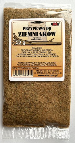 Przyprawa do ziemniaków zapakowana w torebkę foliową o gramaturze 50 g z etykietą zawierającą informacje o produkcie i jego zastosowaniu.