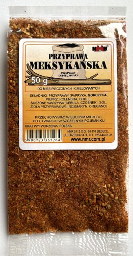 Przyprawa meksykańska zapakowana w torebkę foliową o gramaturze 50 g z etykietą zawierającą informacje o produkcie i jego zastosowaniu.