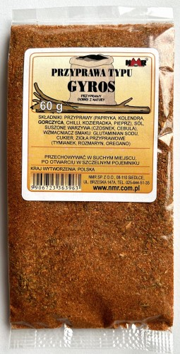 Przyprawa typu gyros zapakowana w torebkę foliową o gramaturze 60 g z etykietą zawierającą informacje o produkcie i jego zastosowaniu.