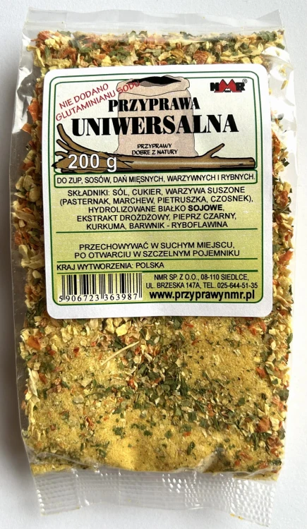 Przyprawa uniwersalna bez glutaminianu sodu zapakowana w torebkę foliową o gramaturze 200 g z etykietą zawierającą informacje o produkcie i jego zastosowaniu.